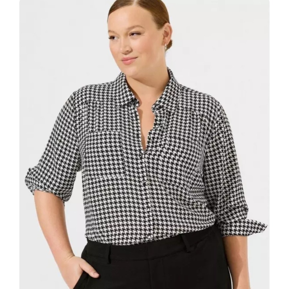 Torrid Madison Georgette Button-Up Long Sleeve Shirt Houndstooth Women's 2X
